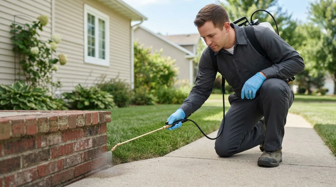 Pest control technician treating a home near Veblen, SD