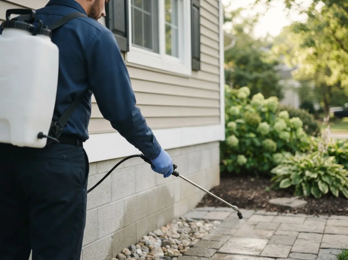 Pest control technician inspecting a home in Veblen, SD